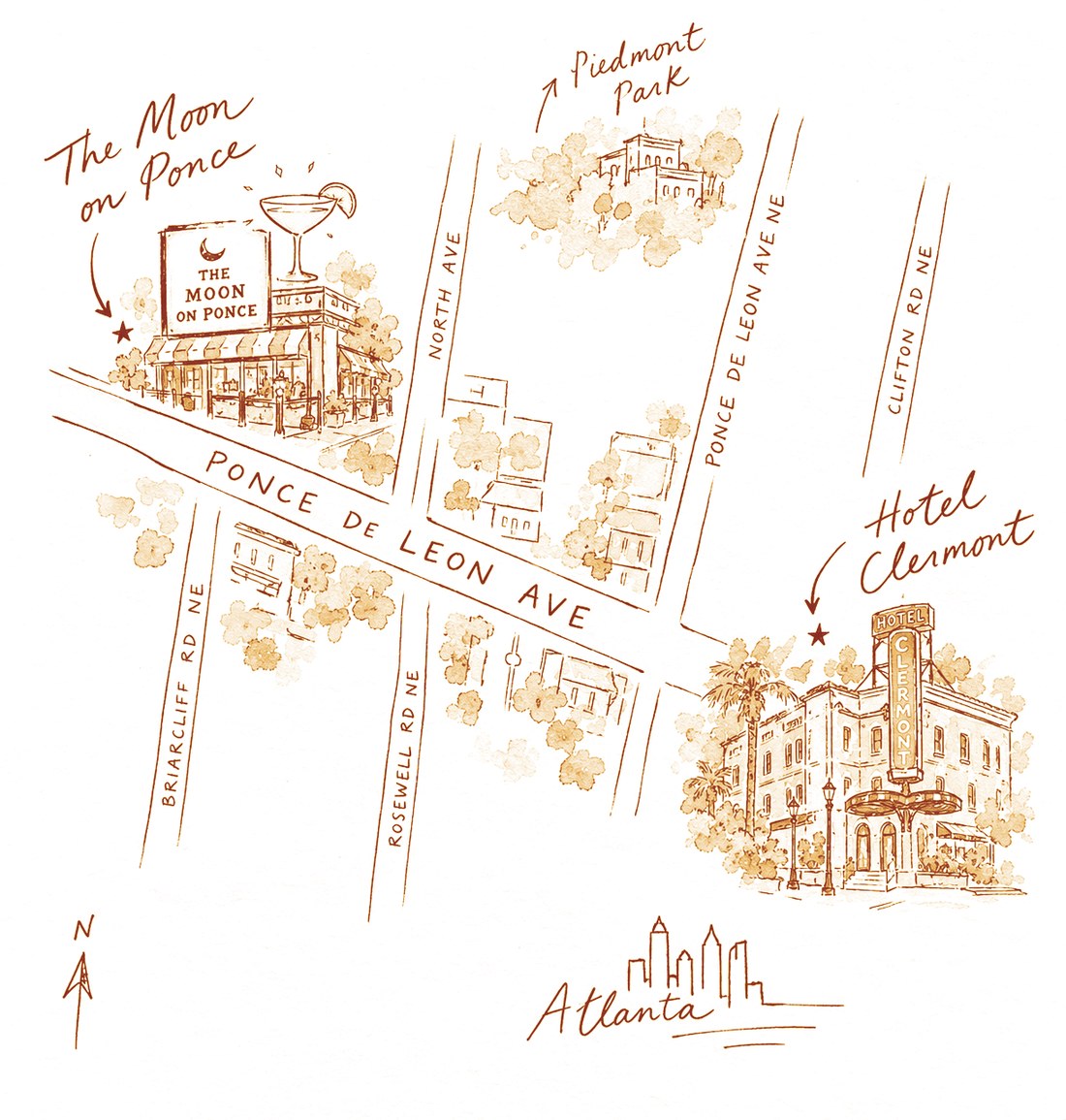 Illustrated map of Atlanta along Ponce de Leon Ave showing The Moon on Ponce, Hotel Clermont, and Piedmont Park